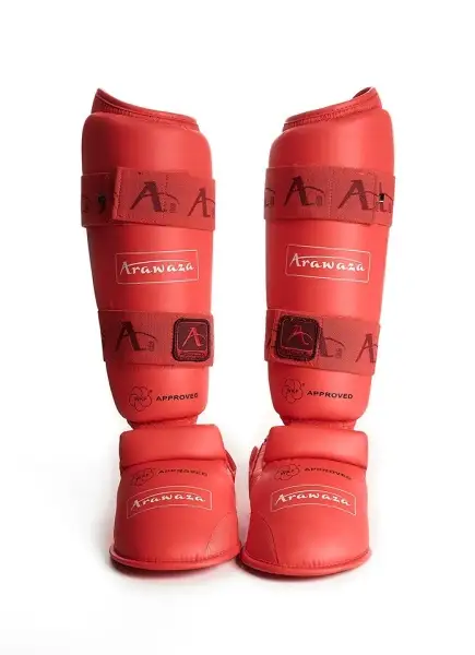 Защита голени и стопы для каратэ ARAWAZA красная (одобрено для соревнований)
