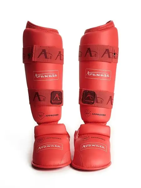Защита голени и стопы для каратэ ARAWAZA красная (одобрено для соревнований)