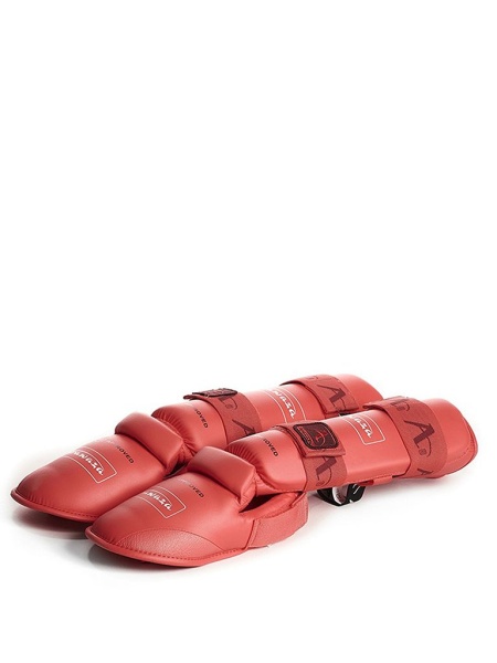 Защита голени и стопы для каратэ ARAWAZA красная (одобрено для соревнований)